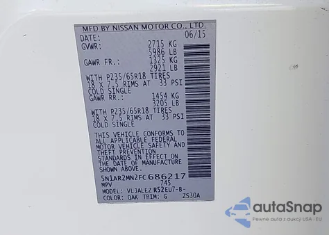 2015 Nissan Pathfinder z USA, uszkodzony, nr VIN 5N1AR2MN2FC686217